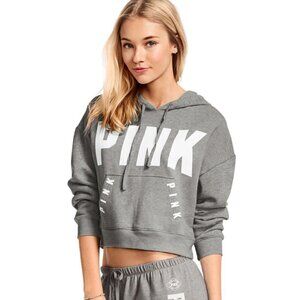 Victoria’s Secret PINK Grey Cropped Hoodie Logo Spellout Front Pocket XS
